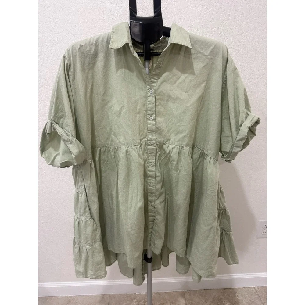 Free People Sage Green Cotton Tiered Babydoll Boho Tunic Top Button Down Women M